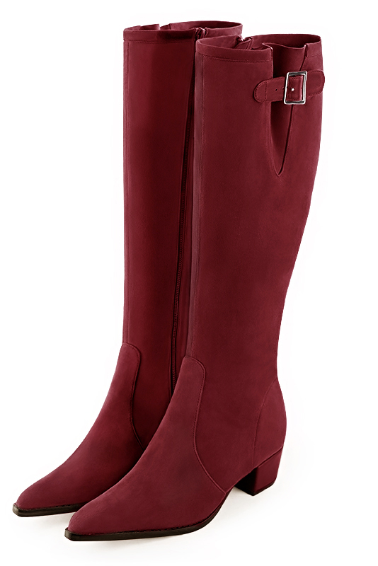 Burgundy red women's knee-high boots with buckles. Tapered toe. Low cone heels. Made to measure. Front view - Florence KOOIJMAN
